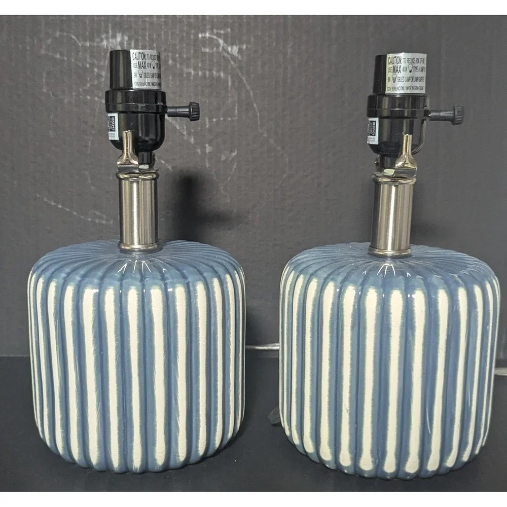 Blue and White Striped Glossy Ceramic Table Lamps Set of Two W/Linen Shades